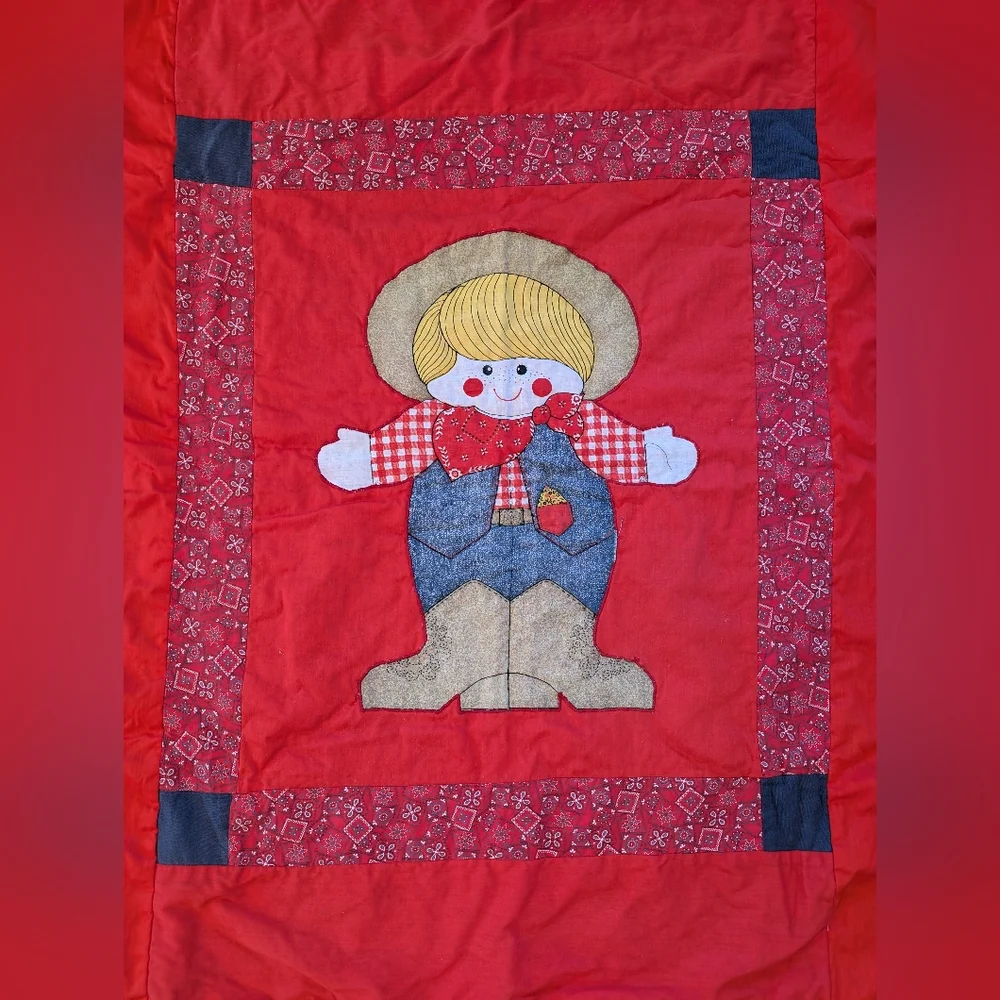 70's Vintage Handmade Baby Qilt Blanket Cowboy Patchwork Red, White & Blue USA